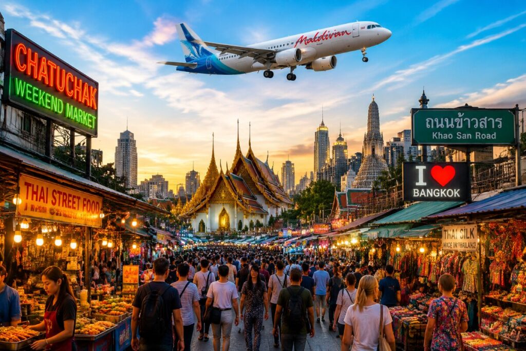 Bustling Bangkok street market at sunset with stalls, shoppers, and a temple in the background; an airplane flies overhead.