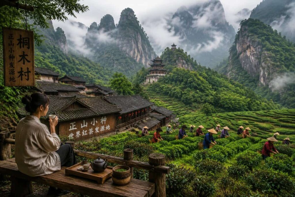 Woman sitting on a wooden bench sipping tea, overlooking terraced tea fields in a misty mountain village.