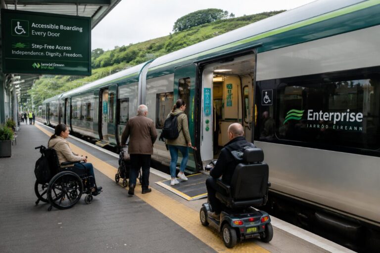 Platform scene at an accessible train stop: a wheelchair user waits as passengers board a sleek green-and-silver train at the door nearest the platform edge.