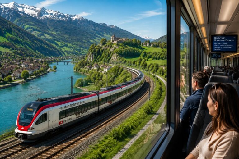 View from a train window of a red and white express train curving along a blue river valley with green hills and snow-capped mountains in the distance.