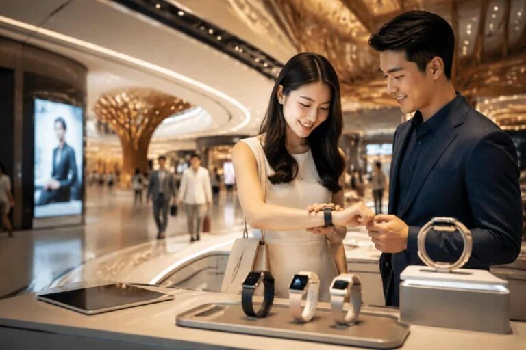 A woman in a light dress tries on a smartwatch while a man in a dark suit assists at a sleek store display in a mall.