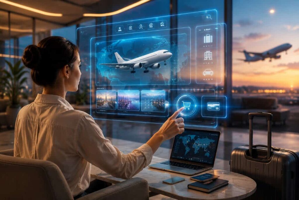 Woman in a airport lounge taps a glowing holographic travel dashboard showing a plane and travel icons above a laptop.