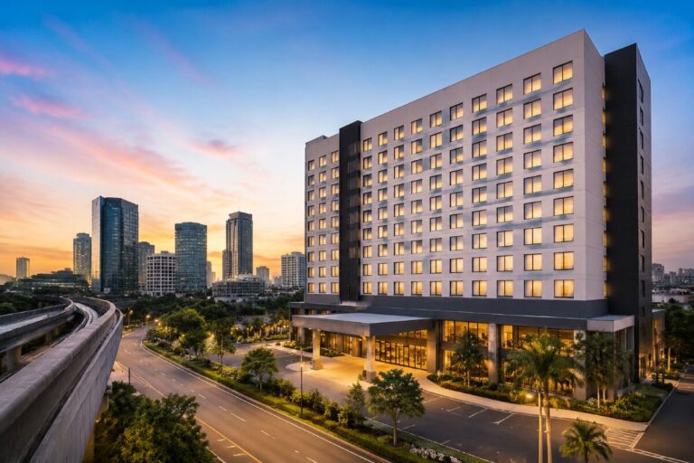 Modern hotel building at dusk with warm lit windows, palm trees, and a city skyline in the background.