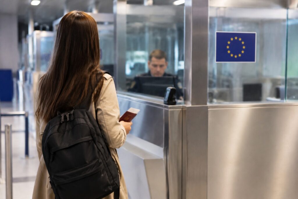 Traveler with brown hair and a black backpack presents a passport at a border control window; an EU flag sign is visible nearby.