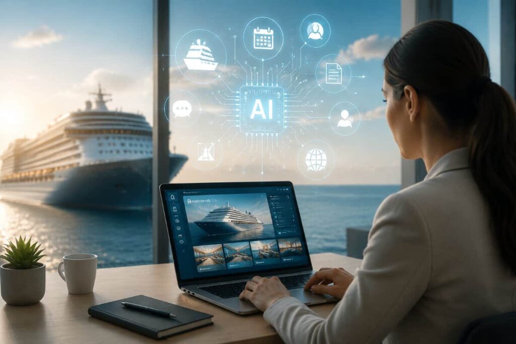 Professional at a window desk uses a laptop showing a cruise ship image, with AI holographic icons projected above.