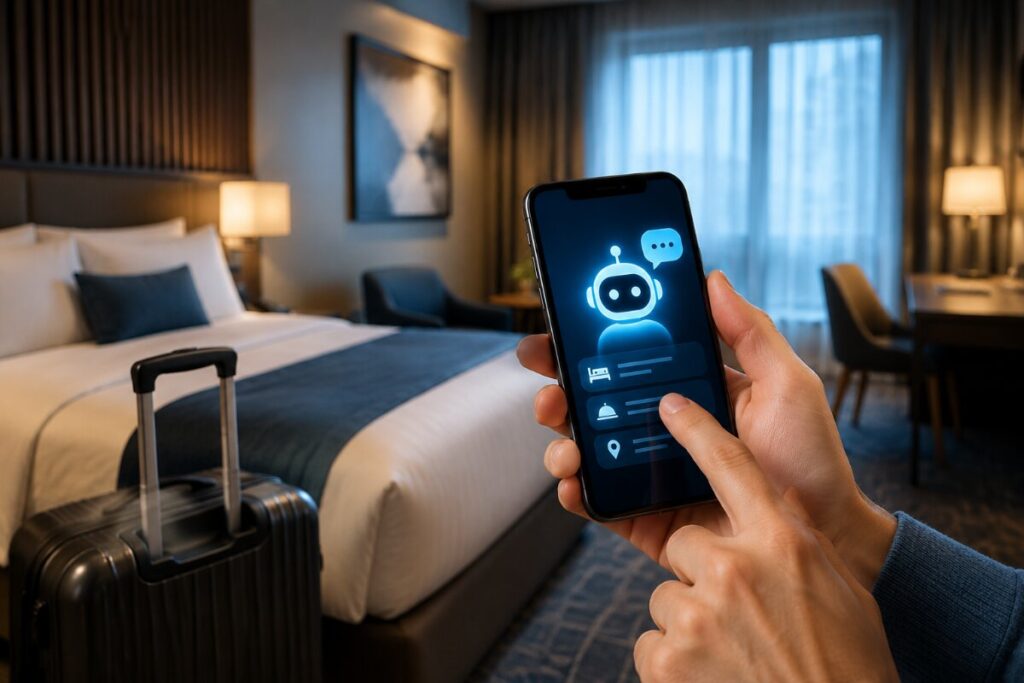 Hotel room with a person using a smartphone app featuring a glowing robot chat avatar; a suitcase is in the foreground by the bed.