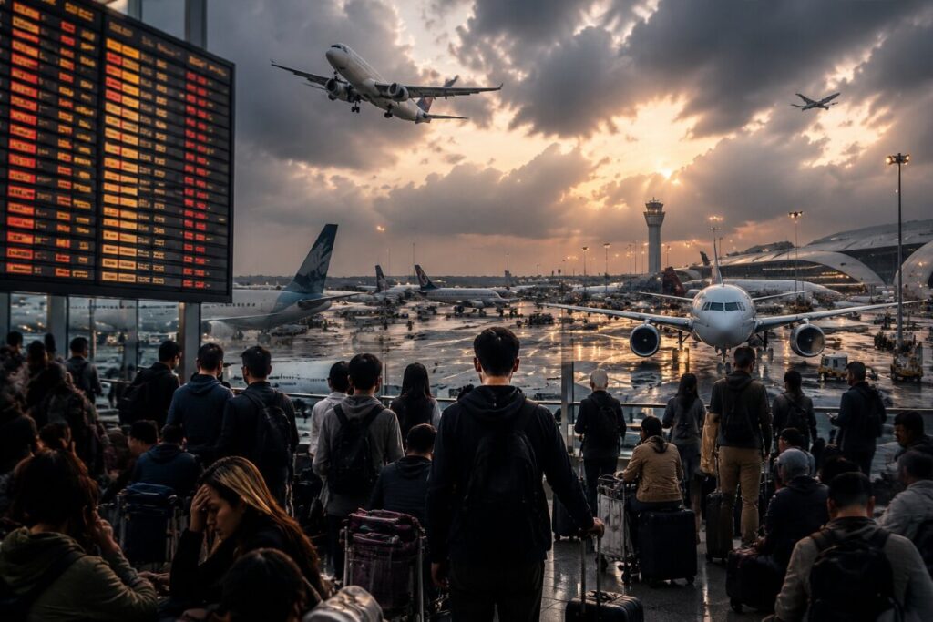 Crowd of travelers with suitcases waiting at a busy airport gate as planes land and take off against a sunset sky.