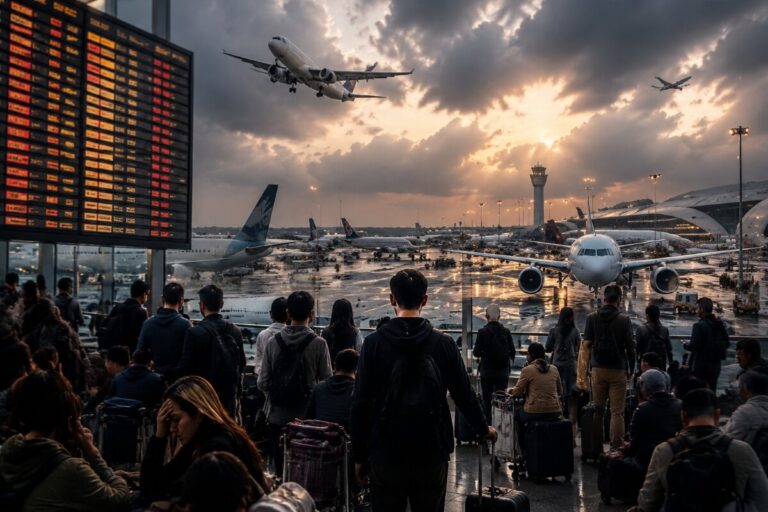 Crowd of travelers with suitcases waiting at a busy airport gate as planes land and take off against a sunset sky.