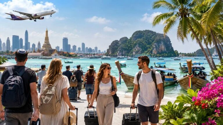 Tourists with rolling suitcases walk along a sunny tropical beach, palm trees to the right, boats in turquoise water, and a distant city skyline with a plane overhead.