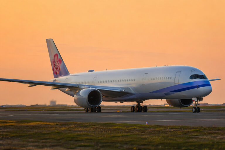 Wide-body passenger airplane on a taxiway at sunset, an orange sky behind with a pink flower logo on the tail
