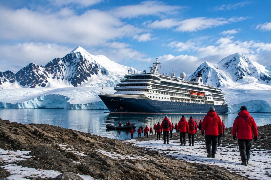 Large cruise ship near a snowy glacier, with tourists in red jackets walking along a rocky shore.