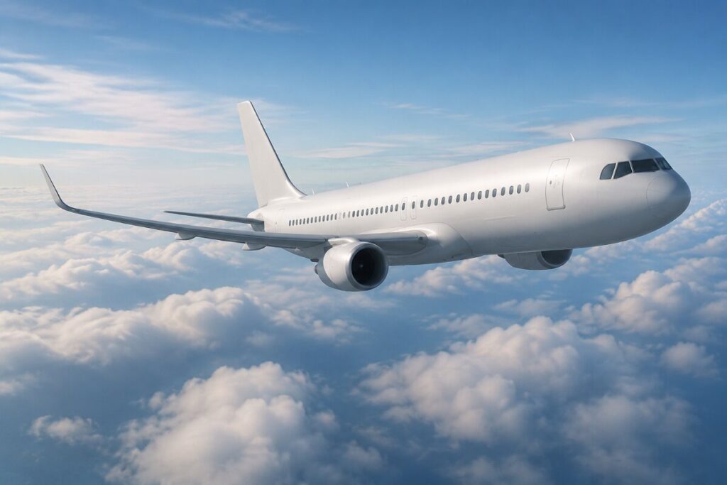 White commercial airliner flying above fluffy clouds against a blue sky in midflight, engines running smoothly, wings extended with winglets laterally.