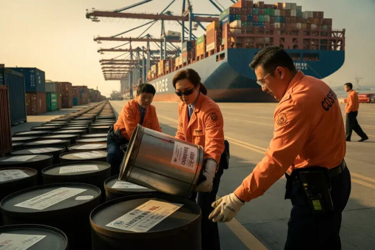 Port workers in orange uniforms move metal drums at a busy shipping port with a container ship and cranes in the background.