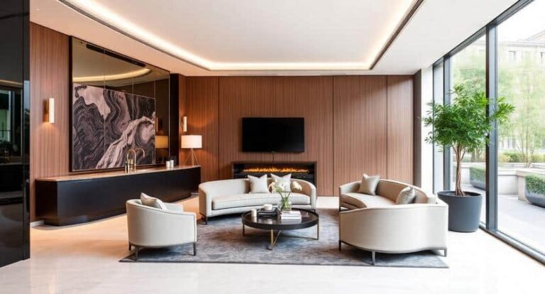 Modern hotel lounge with beige curved sofas around a circular coffee table on a gray rug, wood-paneled walls, and a wall-mounted TV above a fireplace.