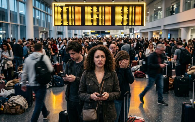 Overcrowded airport terminal with a worried woman in the foreground and travelers with luggage behind her, a glowing departure board overhead.