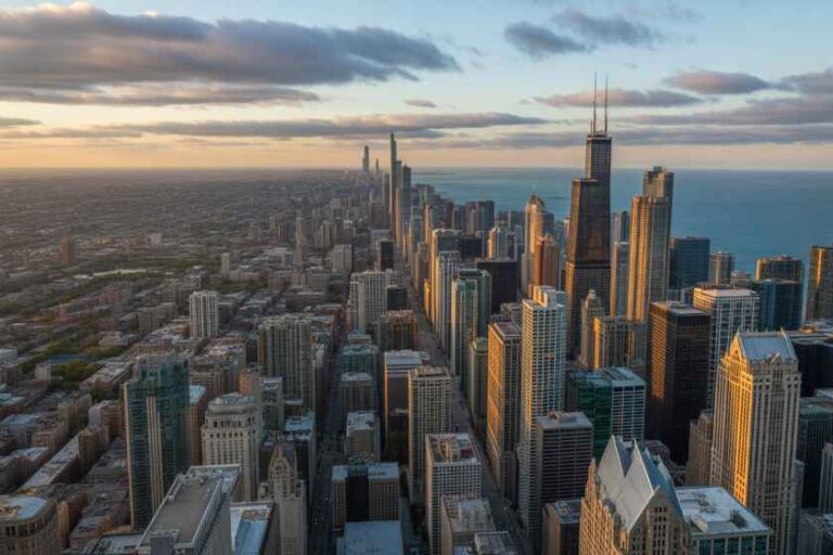 A dense downtown skyline at sunset, tall glass skyscrapers near a calm lake.