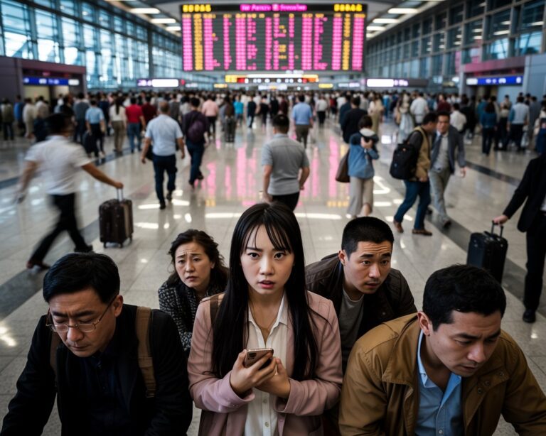 Five travelers sit at an airport terminal, looking anxious, with a bright flight information board visible in the background in a crowded concourse.