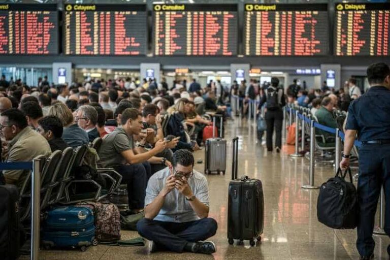 Crowded airport terminal with flight boards overhead; travelers sit and wait with luggage, while a man sits on the floor using his phone.
