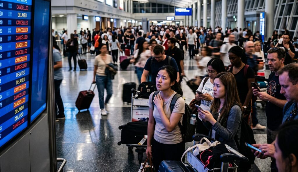 Busy airport terminal with passengers and rolling luggage as a flight information board on the left shows multiple 'CANCELLED' and 'DELAYED' statuses.