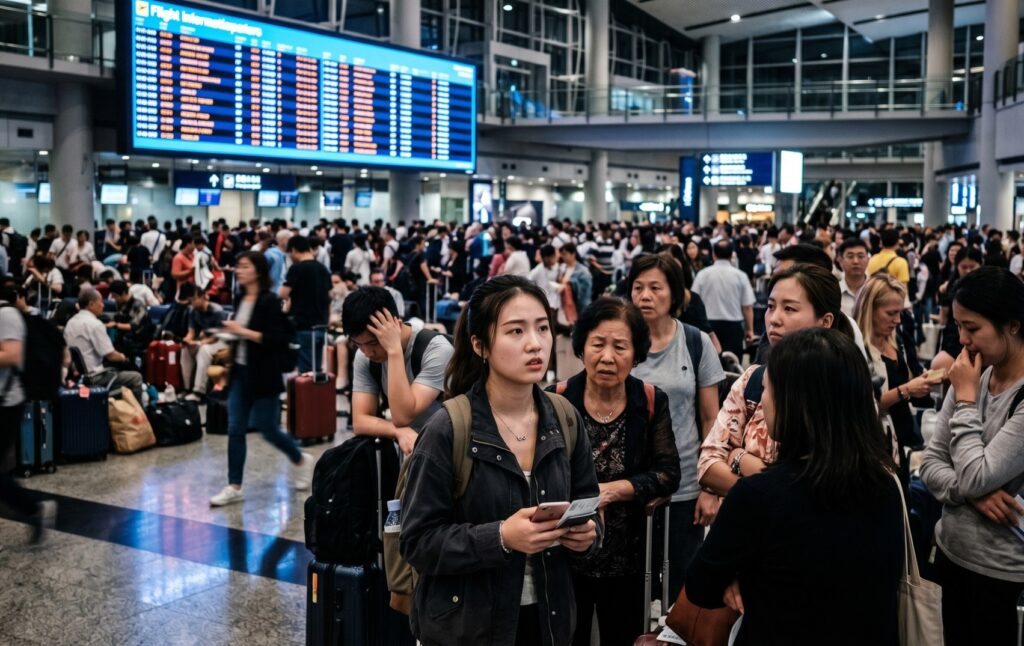 Crowded airport concourse with travelers and rolling luggage waiting near gates, a large flight information board overhead light blue signage in the background.