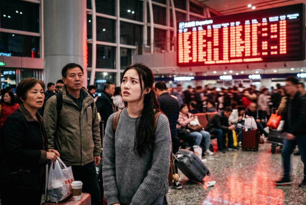 A young woman in a gray sweater stands in a crowded terminal, looking worried as people bustle around her near a red‑flashing departure board.