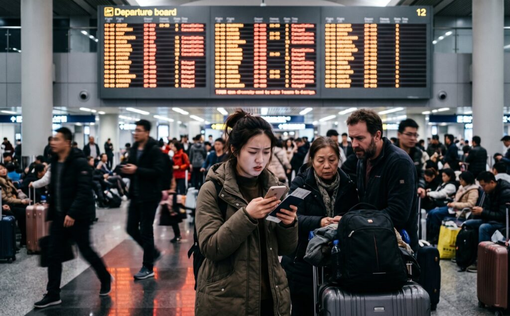 Busy airport terminal with a large electronic departure board overhead and travelers with rolling suitcases, including a woman in a green coat looking at her phone.