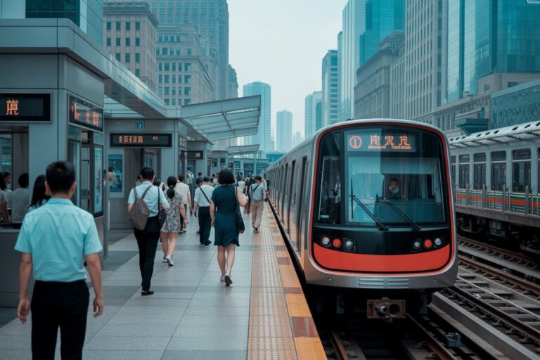Busy city subway platform with commuters walking toward a red-front metro train on the right.