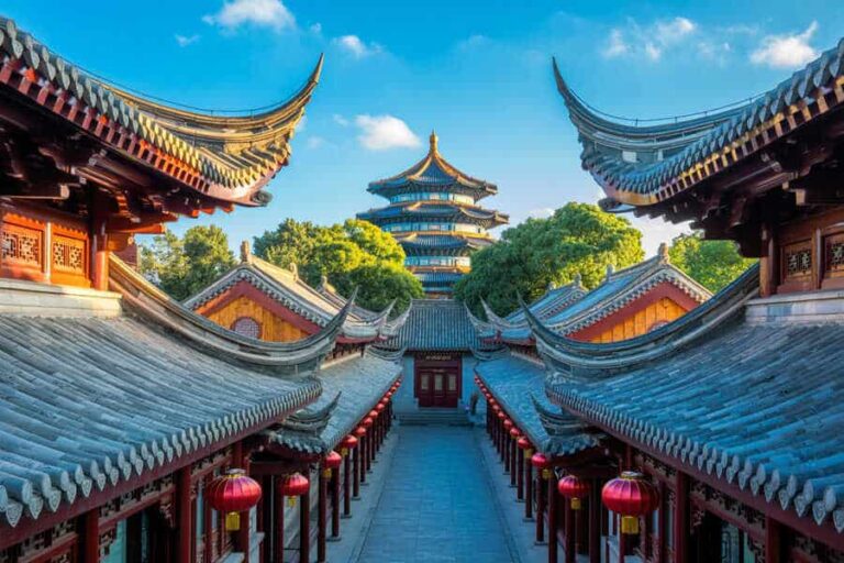 Temple complex with curved tiled roofs, red lanterns along a central walkway, and a pagoda in the background.