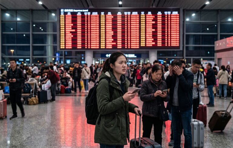 Busy airport terminal with a large red departure board and travelers waiting with luggage at the concourse edge.