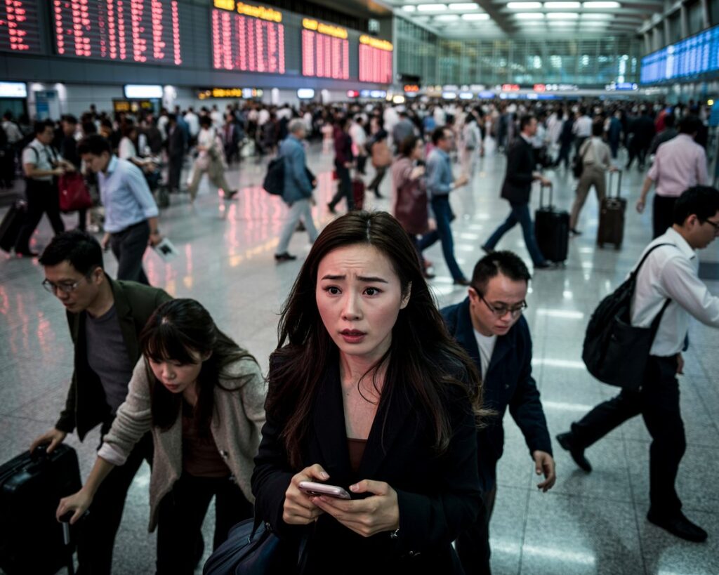 Woman in the foreground looks worried while holding a smartphone as crowds bustle through a busy transportation hub behind her.