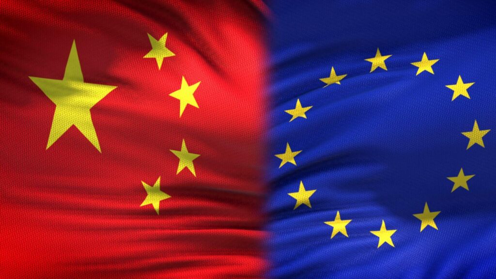 Split flag design combining the Chinese flag (red with yellow stars) and the European Union flag (blue with yellow stars).