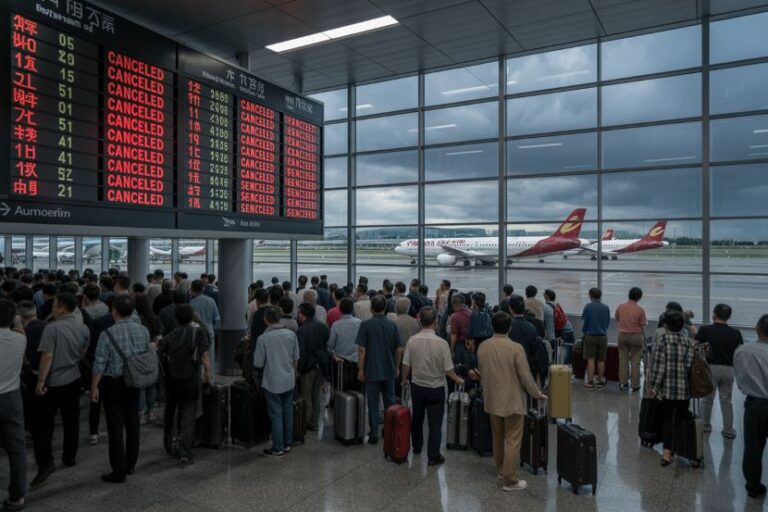 Crowd of travelers with rolling suitcases at an airport gate, passengers facing a large departures board showing many CANCELLED flights; planes visible outside through glass walls.