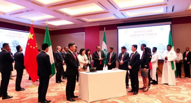Dignitaries and delegates in a conference room around a table during a signing ceremony, with Chinese and Nigerian flags visible and a 'China & Tunisia' projected backdrop.