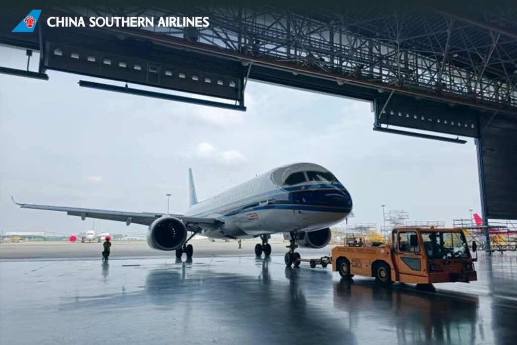 China Southern Airlines jet parked inside a hangar with ground crew and a tow tractor nearby, preparing for pushback.