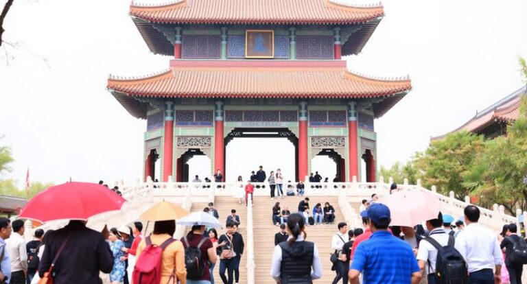 Crowd of visitors on steps leading to a traditional Chinese pavilion with red roof and teal detailing.