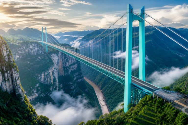 Turquoise suspension bridge spanning a deep river gorge with misty mountains in the background.