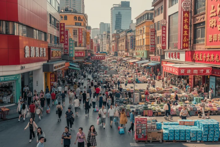Crowded urban street market in China with vendors selling goods on both sides and shoppers walking along the pedestrian area.