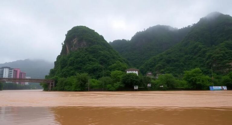 Brown river with muddy water, lush green hills and a misty mountain backdrop; a small bridge on the left and buildings near the trees.