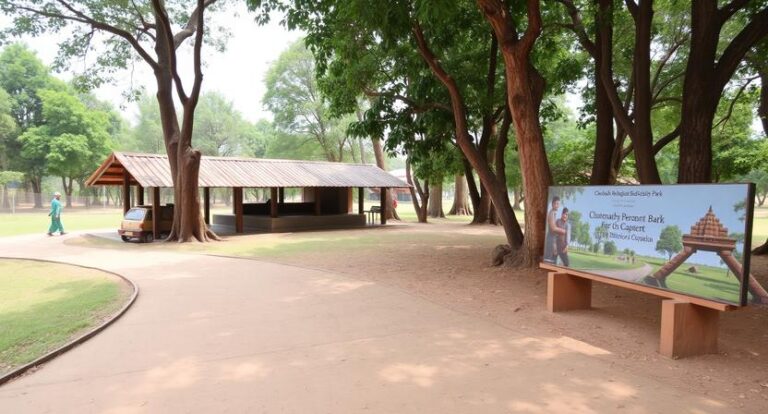 Park scene with a wooden pavilion and a large signboard beside a dirt path surrounded by trees