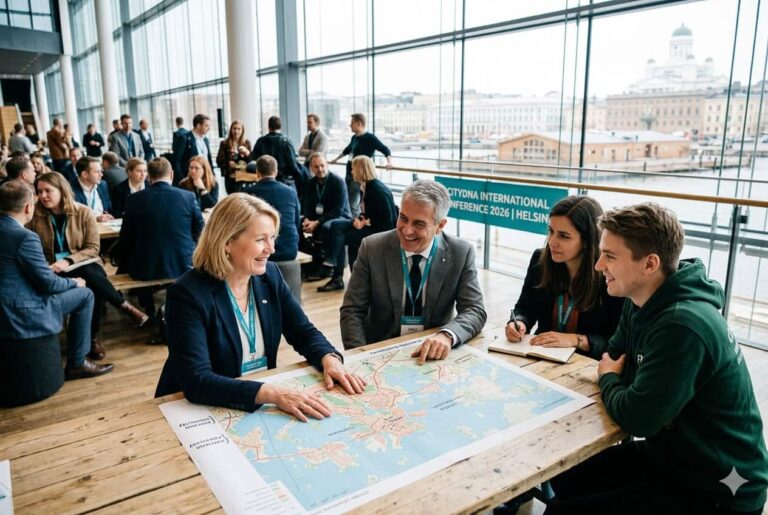 Four professionals around a large map at a conference table, discussing plans with attendees in the background.