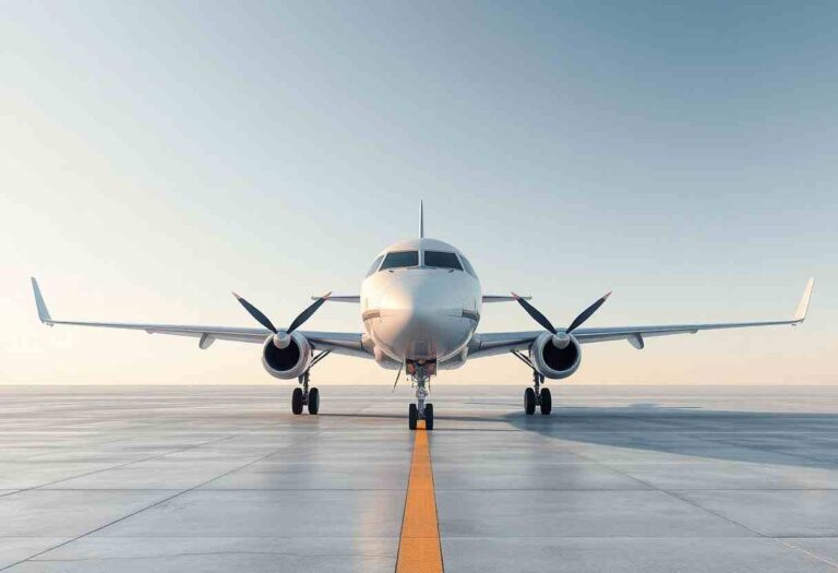 Front view of a white commercial jet on a runway facing the camera, with two engines under the wings and landing gear visible on a yellow centerline.