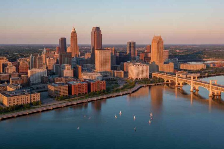 Sunlit downtown skyline along a river with an arched bridge in the foreground.