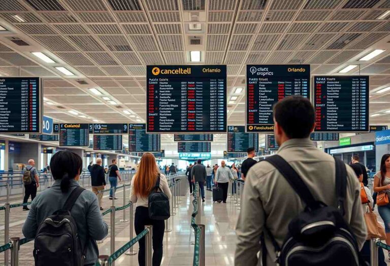 Travelers with backpacks walking through an airport terminal under large flight information boards.