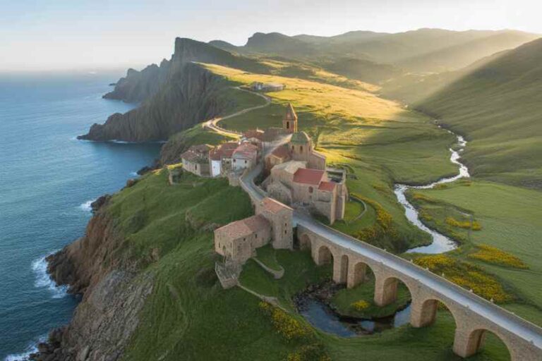 Aerial view of a coastal hilltop village with stone buildings and an arched bridge spanning a stream.