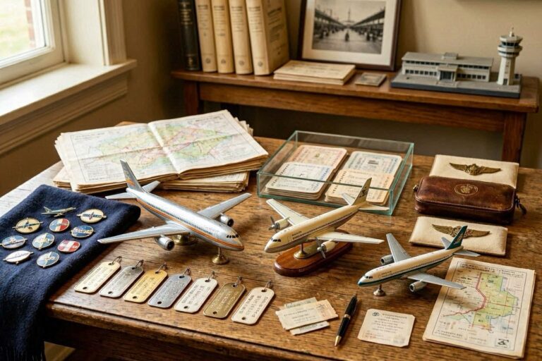 Vintage travel desk with three model airplanes, airline tags, maps, and travel ephemera on a wooden table