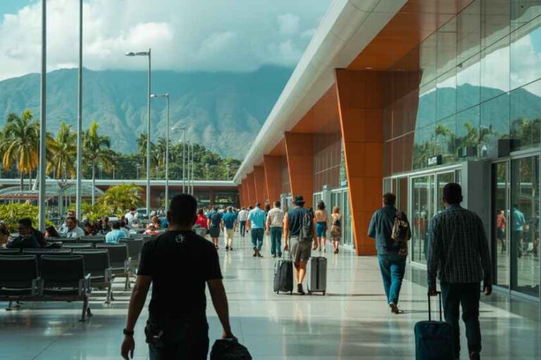Passengers with rolling suitcases walk through a bright, modern airport concourse with glass walls and orange columns, mountains visible outside.