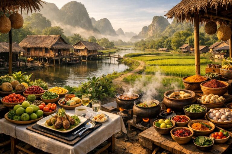 Riverside market scene with thatched huts, lush hills, and a table of tropical fruits beside steaming pots and cooked dishes.