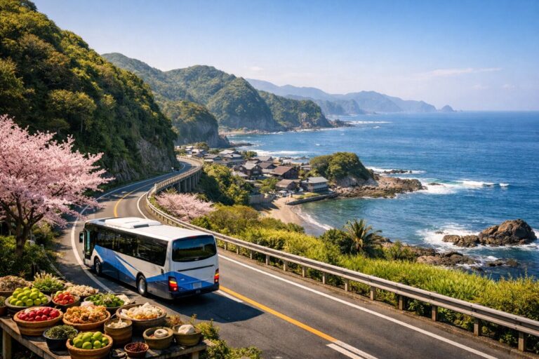 Coastal highway winding along cliffs with a blue and white tour bus, pink cherry blossoms in the foreground, and a seaside village beyond.