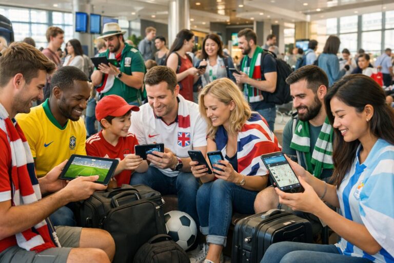 Group of diverse friends in a travel lounge playing mobile games together on tablets and phones, with luggage and a soccer ball nearby, wearing football fan scarves and jerseys.