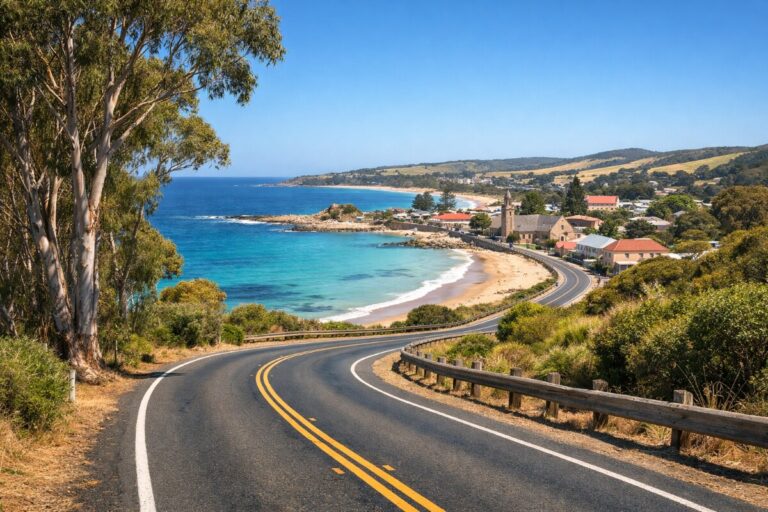 Curving coastal road along a cliffside with a blue sea, sandy beach, and a small village in the distance.
